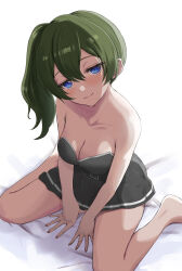 Rule 34 | 1girl, absurdres, bare shoulders, barefoot, between legs, black dress, blue eyes, breasts, cleavage, collarbone, commentary request, dress, full body, green hair, half-closed eyes, hand between legs, highres, jitome, large breasts, long hair, paid reward available, pleated dress, sasasa r 23, side ponytail, sitting, smile, solo, sousou no frieren, spread fingers, thighhighs, ubel (sousou no frieren), wariza, white background
