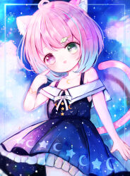 Rule 34 | 1girl, :d, aged down, ahoge, animal ear fluff, animal ears, arm at side, blue dress, blue hair, blush, bob cut, bracelet, candy hair ornament, cat ears, cat girl, cat tail, chibi, commentary, crescent, crescent necklace, crescent print, dress, food-themed hair ornament, frilled dress, frills, gradient dress, gradient hair, green eyes, hair ornament, hairclip, hano pifuwa, heterochromia, highres, himemori luna, himemori luna (sundress), hololive, jewelry, looking at viewer, medium hair, multicolored hair, necklace, official alternate costume, official alternate hair length, official alternate hairstyle, open mouth, pink hair, pointing, pointing at self, print dress, purple eyes, sailor collar, sailor dress, short dress, sleeveless, sleeveless dress, smile, solo, starry sky print, swept bangs, tail, virtual youtuber, white sailor collar