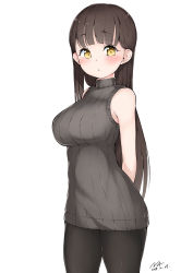 Rule 34 | 1girl, :o, absurdres, arms behind back, bare shoulders, black hair, black pantyhose, black sweater, blush, breasts, cowboy shot, dated, dress, highres, large breasts, long hair, looking at viewer, na arva, original, pantyhose, ribbed sweater, short dress, signature, simple background, sleeveless, sleeveless dress, sleeveless turtleneck, solo, sweater, sweater dress, turtleneck, turtleneck sweater, very long hair, white background, yellow eyes