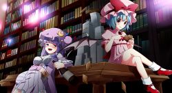 Rule 34 | 2girls, bad id, bad pixiv id, bat wings, blue hair, blush, book, bottle, bow, breasts, card, crescent, crescent hair ornament, dress, drunk, frilled dress, frills, futoumeido, hair bow, hair ornament, hair ribbon, hat, hat ribbon, holding, holding card, library, long hair, mob cap, multiple girls, patchouli knowledge, playing card, playing games, purple eyes, purple hair, red eyes, remilia scarlet, ribbon, short hair, sitting, striped, table, touhou, very long hair, voile, wine bottle, wings