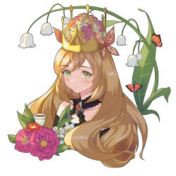Rule 34 | 1girl, absurdres, bare shoulders, blonde hair, blush, brooch, celine (fire emblem), commentary, crown, fire emblem, fire emblem engage, flower, green eyes, hanzoku, highres, jewelry, long hair, looking at viewer, nintendo, pink flower, smile, solo, upper body, very long hair, white flower