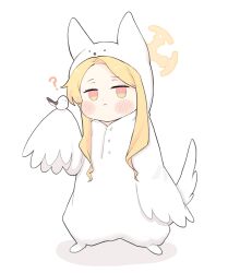 Rule 34 | 1girl, :&lt;, ?, alternate costume, animal ears, bird, bird costume, blonde hair, blue archive, blush stickers, chibi, commentary request, forehead, fox ears, fox girl, halo, highres, long hair, long sleeves, looking at viewer, orange eyes, parted bangs, puffy cheeks, seia (blue archive), sidelocks, simple background, yosik