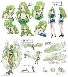 Rule 34 | 1girl, bare legs, breasts, character sheet, claws, curvy, dress, female focus, flying, glasses, green hair, large breasts, long hair, looking at viewer, monet (one piece), monster girl, no bra, official art, one piece, short shorts, shorts, smile, wings, yellow eyes