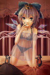Rule 34 | 1girl, babydoll, bad id, bad pixiv id, bed, blue nails, bra, camisole, cirno, crown, high heels, highres, kneeling, lingerie, lips, nail polish, panties, saeri, see-through, shoes, smile, solo, touhou, underwear