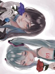 Rule 34 | 2girls, ado (utaite), aegyo sal, aqua eyes, aqua hair, arm tattoo, black bow, black bowtie, black hair, blue eyes, blue flower, blue hair, blue rose, blush, bow, bowtie, chando (ado), closed mouth, cloud nine inc, colored inner hair, commentary request, detached sleeves, flower, flower brooch, gloves, hair between eyes, hatsune miku, highres, holding, holding flower, long sleeves, looking at viewer, mole, mole under eye, multicolored hair, multiple girls, parted lips, red flower, red rose, rose, sideways, tattoo, twintails, upper body, utaite, vocaloid, white background, white gloves, yurosuke
