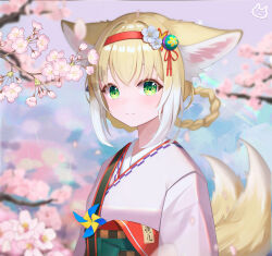 Rule 34 | 1girl, absurdres, animal ear fluff, animal ears, arknights, blonde hair, blush, braid, cherry blossoms, closed mouth, commentary, crossed bangs, english commentary, flower, fox ears, fox girl, fox tail, green eyes, hair flower, hair ornament, hairband, highres, japanese clothes, kimono, kitsune, kyuubi, multicolored hair, multiple tails, obi, official alternate costume, pink kimono, red hairband, sash, short hair, smile, solo, suzuran (arknights), suzuran (yukibare) (arknights), tail, twin braids, two-tone hair, upper body, white hair, yibanmaotou