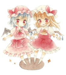 Rule 34 | 2girls, ascot, bat wings, blonde hair, blue hair, blush, brooch, flandre scarlet, hat, hat ribbon, jewelry, kagome f, kneehighs, looking at viewer, mob cap, multiple girls, open mouth, outstretched arms, painting (medium), red eyes, remilia scarlet, ribbon, short hair, short sleeves, siblings, side ponytail, simple background, sisters, skirt, skirt set, smile, socks, spread arms, standing, touhou, traditional media, watercolor (medium), white background, wings
