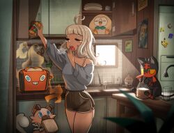 Rule 34 | 1girl, absurdres, ahoge, arm up, black shorts, bread, cabinet, character request, closed eyes, commentary request, creatures (company), cup, dolphin shorts, drinking glass, english text, food, food in mouth, game freak, gen 1 pokemon, gen 4 pokemon, gen 7 pokemon, grey hair, grey sweater, hand to own mouth, highres, indoors, kitchen, korean commentary, litten, long hair, long sleeves, magnet, messy hair, mouth hold, nintendo, off shoulder, open mouth, pikachu, pokemon, pokemon (creature), reaching, refrigerator, refrigerator magnet, rockruff, rotom, rotom (other), rowlet, scissors, shin dohan, short eyebrows, short shorts, shorts, sink, sleepy, standing, sweater, toaster, window, yawning
