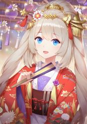Rule 34 | 1girl, absurdres, blue eyes, commentary request, fate/grand order, fate (series), folding fan, gradient background, gu tao, hair ornament, hand fan, highres, holding, holding fan, japanese clothes, kimono, long hair, looking at viewer, marie antoinette (fate), marie antoinette (the princess&#039; pilgrimage) (fate), obi, official alternate costume, sash, sidelocks, silver hair, solo, sparkle, the princess&#039; pilgrimage, tri tails
