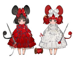 Rule 34 | 2girls, animal ears, arms at sides, ascot, barefoot, black hair, blush, bob cut, bow, bowtie, chibi, chinese commentary, commentary, dress, frown, full body, grey eyes, hair bow, holding, holding needle, holding sewing needle, long sleeves, looking at viewer, matching outfits, mouse ears, mouse girl, mouse tail, multiple girls, needle, original, red bow, red bowtie, red dress, red hair, red theme, sewing pin, short hair, side-by-side, simple background, smile, spool, standing, starshadowmagician, straight-on, tail, thread, twintails, white ascot, white background, white bow, white dress