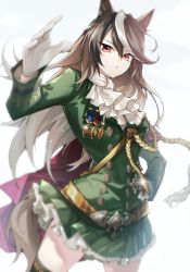 Rule 34 | aiguillette, animal ears, ascot, belt, black thighhighs, brown hair, buttons, cape, coat, cowboy shot, earrings, gloves, green coat, hand on own hip, hand up, highres, horse ears, horse girl, horse tail, jewelry, koli (ssssoliko), long hair, long sleeves, looking down, medal, multicolored hair, outstretched hand, red cape, red eyes, solo, standing, streaked hair, symboli rudolf (umamusume), tail, thighhighs, umamusume, white ascot, white gloves