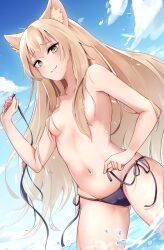 Rule 34 | 1girl, absurdres, animal ear fluff, animal ears, bikini, bikini bottom only, unworn bikini top, black bikini, blue sky, blush, breasts, cloud, commentary request, day, dutch angle, green eyes, hair over shoulder, highres, holding, holding clothes, holding swimsuit, kry oekk, light brown hair, long hair, looking at viewer, navel, nipples, ocean, original, outdoors, side-tie bikini bottom, sky, small breasts, smirk, solo, standing, stomach, swimsuit, thighs, wading