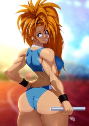 Rule 34 | 1girl, ass, captain mizuki, curvy, highres, huge ass, long hair, looking at viewer, looking to the side, muscular, muscular female, one-punch man, shiny skin, skin tight, solo, sports bikini, sportswear, tovio rogers, very long hair