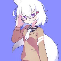 Rule 34 | 1girl, animal ears, cross (vgne4542), fox ears, fox tail, glasses, highres, phase connect, purple eyes, short hair, simple background, solo, tail, tenma maemi, white hair