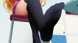 Rule 34 | angry, animated, animated gif, black legwear, blonde hair, chair, crossed arms, feet, foot focus, from below, green eyes, hair ribbon, isurugi mio, crossed legs, long hair, looking at viewer, mm!, no shoes, pleated skirt, pov, ribbon, school uniform, sitting, skirt, soles, thighhighs, thighs