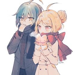 Rule 34 | 1boy, 1girl, ahoge, akamatsu kaede, alternate costume, alternate hairstyle, artist name, bad id, bad twitter id, belt, black pants, black sweater, blonde hair, blue coat, blue hair, blue scarf, blue sleeves, bow, breath, buttons, coat, coattails, collared coat, commentary request, cowboy shot, dalrye v3, danganronpa (series), danganronpa v3: killing harmony, eyelashes, fortissimo, fringe trim, fur cuffs, hair between eyes, hair bun, hair ornament, korean commentary, layered sleeves, long sleeves, mittens, musical note, musical note hair ornament, open clothes, open coat, open mouth, pants, pink eyes, pocket, pulling own clothes, red bow, red scarf, saihara shuichi, scarf, scarf pull, short hair, simple background, single hair bun, sleeves past wrists, sweater, trench coat, white background, white belt, white coat, white mittens, white sleeves, white wrist cuffs, winter clothes, wrist cuffs, yellow eyes