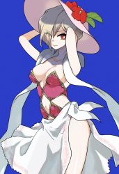 Rule 34 | 1girl, blonde hair, blue background, breasts, closed mouth, eleanor (saga), flower, from side, hat, hat flower, hcsb, highres, looking at viewer, medium breasts, navel, one-piece swimsuit, pink hat, red eyes, red one-piece swimsuit, saga, saga frontier 2, shawl, short hair, simple background, smile, solo, swimsuit, thighs, white shawl