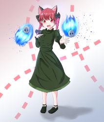 Rule 34 | 1girl, :d, absurdres, animal ears, black footwear, blue fire, bow, braid, cat ears, dress, fang, fire, gradient background, green dress, hair bow, highres, hitodama, hoshiume514, kaenbyou rin, long sleeves, multiple tails, open mouth, red eyes, red hair, shadow, shoes, skin fang, smile, solo, tail, touhou, twin braids, two tails