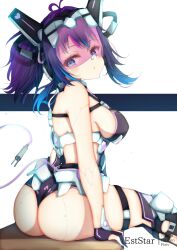 Rule 34 | 1girl, android, antenna hair, arm support, ass, aties20, bare shoulders, black gloves, black leotard, black thighhighs, blue eyes, blue hair, blush, breasts, closed mouth, commentary request, electric plug, feet out of frame, gloves, gradient hair, indie virtual youtuber, large breasts, leotard, looking at viewer, looking back, melody (projektmelody), melody (projektmelody) (cybermel), multicolored hair, partially fingerless gloves, purple hair, robot, science fiction, solo, tail, thighhighs, twintails, virtual youtuber, white background