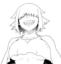 Rule 34 | 1girl, breasts, character request, covered erect nipples, crop top, crop top overhang, greyscale, grin, hair over eyes, large breasts, monochrome, no bra, original, sharp teeth, simple background, smile, solo, tank top, teeth, tsukudani (coke-buta), underboob