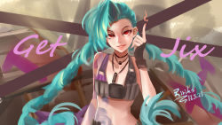 Rule 34 | 1girl, absurdres, bare shoulders, bikini, bikini top only, black gloves, blue hair, braid, breasts, fingerless gloves, gloves, highres, jinx (league of legends), league of legends, long hair, pink eyes, small breasts, smile, solo, swimsuit, tattoo, twin braids, very long hair