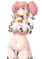 Rule 34 | 1girl, animal print, atlanta (kancolle), bell, bikini, blush, breasts, brown hair, cleavage, collarbone, cow print, cowbell, cowboy shot, elbow gloves, gloves, grey eyes, groin, highres, index fingers raised, kantai collection, large breasts, long hair, navel, open mouth, partially fingerless gloves, simple background, solo, swimsuit, takomeshi, thighhighs, two side up, white background, white bikini, white gloves, white thighhighs