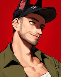 Rule 34 | 1boy, beard, beard stubble, black hat, blouse, brown eyes, brown shirt, collared shirt, earrings, facial hair, green shirt, hat, jewelry, male focus, mustache stubble, original, portrait, red background, rinotuna, shadow, shirt, simple background, smile, solo, stubble