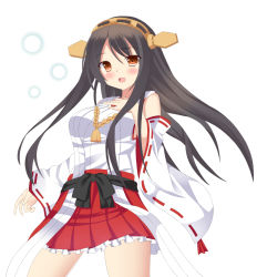 Rule 34 | 10s, 1girl, bad id, bad pixiv id, blush, bow, brown eyes, brown hair, haruna (kancolle), headwear request, japanese clothes, kantai collection, long hair, nontraditional miko, ro-ichi, skirt, smile, solo, traditional clothes