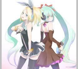 Rule 34 | alternate hairstyle, back-to-back, blonde hair, blue eyes, blue hair, elbow gloves, flat chest, gloves, hair ribbon, hatsune miku, kagamine rin, long hair, microphone, microphone stand, aged up, ribbon, short hair, tansuke, thighhighs, twintails, very long hair, vocaloid