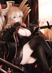 Rule 34 | 1girl, aiguillette, alcohol, artist name, azur lane, bismarck (azur lane), bismarck (beacon of the iron blood) (azur lane), bismarck (beacon of the iron blood) (azur lane), black cape, black dress, black gloves, black thighhighs, blonde hair, blue eyes, bottle, breasts, cape, cleavage, commentary request, covered erect nipples, cross, crossed legs, cup, dress, drinking glass, elbow gloves, elbow rest, eyebrows hidden by hair, finger to own chin, fingerless gloves, gloves, hair between eyes, highres, holding, iron cross, large breasts, long hair, long sleeves, looking at viewer, medal, medallion, nekoya (liu), panties, pantyshot, parted lips, petals, sidelocks, single bare shoulder, sitting, solo, thighhighs, throne, turret, underwear, white panties, wine, wine bottle, wine glass, wrist cuffs