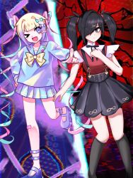 Rule 34 | &gt; o, 2girls, ;d, ame-chan (needy girl overdose), black background, black hair, black ribbon, black skirt, blonde hair, blue bow, blue eyes, blue hair, blue serafuku, blue shirt, blue skirt, bow, chouzetsusaikawa tenshi-chan, collaboration, collared shirt, commentary, dual persona, english commentary, full body, hair bow, hair ornament, hair over one eye, hand on own chest, hand on own hip, hand up, highres, long hair, long sleeves, looking at viewer, miniskirt, multicolored hair, multiple girls, multiple hair bows, neck ribbon, needy girl overdose, one eye closed, open mouth, peeka boo (555 peekaboo), pink bow, pink hair, pleated skirt, pointing, pointing at viewer, purple bow, quad tails, red shirt, ribbon, sailor collar, school uniform, serafuku, shirt, skirt, smile, split theme, standing, standing on one leg, suspender skirt, suspenders, tornadem, twintails, x hair ornament, yellow bow