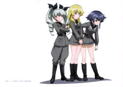 Rule 34 | 10s, 3girls, absurdres, anchovy (girls und panzer), carpaccio (girls und panzer), full body, girls und panzer, grey hair, grin, highres, jodhpurs, long hair, multiple girls, official art, pants, pepperoni, pepperoni (girls und panzer), riding crop, short hair, simple background, smile, smirk, twintails, uniform, weapon, white background