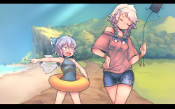 Rule 34 | 2girls, alternate costume, balloon, bare arms, bare shoulders, beach, bike shorts, blue bow, blue eyes, blue hair, blue one-piece swimsuit, blue shorts, blue sky, bow, bra strap, bracelet, braid, breasts, casual, cirno, cliff, closed eyes, commentary, contemporary, cowboy shot, day, fang, groin, hair between eyes, hair bow, hand on own hip, head tilt, height difference, highres, holding, holding balloon, ice, ice wings, innertube, izayoi sakuya, jewelry, jitome, letterboxed, looking at another, mountain, multiple girls, nyong nyong, off-shoulder shirt, off shoulder, one-piece swimsuit, open mouth, outdoors, pink shirt, pointing, shirt, short hair, short shorts, short sleeves, shorts, silver hair, sky, small breasts, standing, swim ring, swimsuit, thighs, touhou, twin braids, water, wings