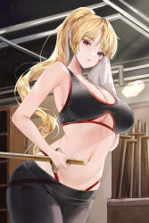 Rule 34 | 1girl, absurdres, armpits, bare arms, bare shoulders, black pants, black sports bra, blonde hair, breasts, cleavage, clothing cutout, cowboy shot, crop top, hand up, highleg, highres, holding, large breasts, lillly, long hair, looking at viewer, midriff, navel, novel illustration, official art, original, pants, panty straps, parted lips, ponytail, red eyes, sleeveless, solo, sports bra, standing, stomach, sweat, sword, towel, underboob, underboob cutout, weapon, wooden sword