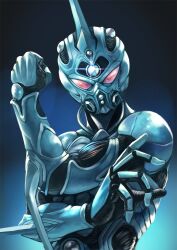Rule 34 | 1boy, armor, clenched hand, guyver i, horns, kagyu nakamura, kyoushoku soukou guyver, looking at viewer, male focus, power armor, simple background, solo