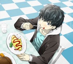 Rule 34 | arizuka (catacombe), bad id, bad twitter id, black hair, blue eyes, chair, checkered floor, cup, drinking glass, eating, floor, food, food on face, from above, hood, hoodie, jacket, ketchup, male focus, omelet, omurice, open clothes, open jacket, original, plate, red mask (arizuka), solo, table, turkey (food)