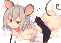 Rule 34 | 1girl, ?, ahoge, animal ears, ass, bare shoulders, black skirt, blush, breasts, clothes lift, grey hair, hair between eyes, highres, holding, jewelry, looking at viewer, mouse ears, mouse tail, nazrin, necklace, nipples, no panties, off shoulder, open mouth, red eyes, shirt, short hair, skirt, skirt lift, small breasts, solo, spoken question mark, sweat, tail, te toga, touhou, white shirt
