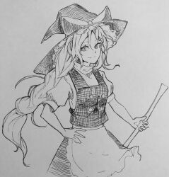 Rule 34 | 1girl, bow, braid, braided ponytail, closed mouth, greyscale, hand on own hip, hat, hat bow, highres, holding, kanaria (bocmn), kirisame marisa, long hair, looking at viewer, monochrome, shirt, short sleeves, simple background, sketch, skirt, smile, solo, touhou, traditional media, vest, witch hat