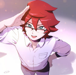 Rule 34 | 1boy, bad id, bad pixiv id, from above, glasses, green eyes, inazuma eleven (series), inazuma eleven go, kiyama hiroto, looking at viewer, looking up, male focus, mizuhara aki, aged up, open mouth, red hair, short hair, solo