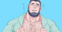 Rule 34 | 1boy, adam&#039;s apple, bara, beard, black hair, cheekbones, cropped, facial hair, full beard, furrowed brow, highres, huge eyebrows, huge pectorals, looking at viewer, male focus, mature male, muscular, muscular male, old, old man, one eye closed, original, paid reward available, pectoral cleavage, pectorals, short hair, solo, thick beard, thick chest hair, thick neck, translation request, undressing, upper body, zettoken
