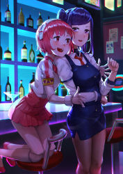 Rule 34 | 2girls, absurdres, alternate eye color, android, arcade cabinet, bar (place), bartender, bottle, cocktail, cocktail glass, cup, dark, dorothy haze, drinking glass, highres, hug, hug from behind, jill stingray, mr.lime, multiple girls, necktie, pantyhose, pencil skirt, pink hair, poster (object), purple eyes, purple hair, red eyes, skirt, stool, va-11 hall-a, wine bottle