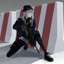 Rule 34 | 1girl, agent 416 (girls&#039; frontline), agent 416 (shield of manhattan) (girls&#039; frontline), assault rifle, black footwear, black hat, black pantyhose, blue hair, blue jacket, closed mouth, cyka, girls&#039; frontline, gloves, green eyes, grey gloves, grey skirt, gun, h&amp;k hk416, hat, headphones, headphones around neck, highres, hk416 (girls&#039; frontline), holding, holding weapon, jacket, long hair, looking away, mask, mask around neck, pantyhose, police hat, rifle, shoes, simple background, skirt, snowflakes, solo, tom clancy&#039;s the division, uniform, weapon