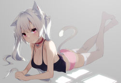 Rule 34 | 1girl, animal collar, animal ear fluff, animal ears, bad id, bad pixiv id, bell, black shirt, blush, cat ears, cat girl, cat tail, closed mouth, collar, collarbone, commentary, feet up, full body, grey background, jingle bell, long hair, looking at viewer, lying, neck bell, no pants, no shoes, o3o, on stomach, original, panties, pink panties, red collar, red eyes, shirt, simple background, solo, spaghetti strap, tail, thighhighs, twintails, underwear, unimon e, white hair, white thighhighs