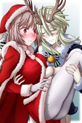 Rule 34 | 2girls, alternate costume, artoria pendragon (fate), artoria pendragon (lancer alter) (fate), bell, blonde hair, bow, cape, carrying, commentary request, fake antlers, fate/grand order, fate (series), florence nightingale (fate), frown, fur trim, gloves, grey gloves, grey legwear, hasebe akira, hat, long hair, long sleeves, multiple girls, nib pen (medium), pantyhose, pink hair, princess carry, red eyes, santa hat, smile, striped, striped bow, sweat, thighs, traditional media, yuri