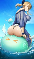 Rule 34 | 1girl, ass, back, blonde hair, blue dress, blue eyes, bow, breasts, commentary, day, dress, english commentary, genshin impact, hair between eyes, hair bow, jean (genshin impact), large breasts, looking at viewer, looking back, medium hair, nextoad, ocean, outdoors, patreon username, ponytail, sky, slime (substance), solo, water, watermark