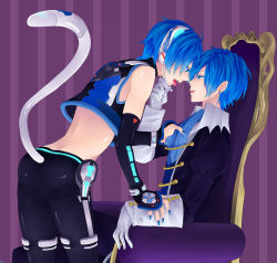 Rule 34 | 2boys, akiyoshi (tama-pete), animal ears, bad id, bad pixiv id, blue eyes, blue hair, bridal gauntlets, cat boy, cat ears, cat tail, clothes, colored eyelashes, dual persona, earrings, fang, formal, gloves, headphones, jewelry, kaito (vocaloid), licking lips, male focus, microphone, midriff, multiple boys, nail polish, pants, project diva (series), project diva 2nd, selfcest, short hair, suit, tail, tongue, tongue out, vocaloid, yaoi