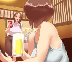 Rule 34 | 2girls, :d, absurdres, alcohol, bag, bare arms, bare shoulders, beer, beer mug, breasts, brown eyes, brown hair, brown skirt, cellphone, collared shirt, commentary request, cup, handbag, highres, holding, holding phone, indoors, large breasts, long hair, long skirt, looking at another, mug, multiple girls, open mouth, original, phone, restaurant, shirt, short hair, sitting, skirt, smartphone, smile, standing, tank top, ueda torini, white shirt, white tank top