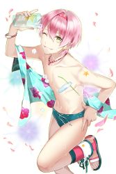Rule 34 | 1boy, ;), drawstring, drinking straw, earrings, foot out of frame, green eyes, green male swimwear, green swim briefs, hairband, hand on own hip, highres, ice, ice cube, jewelry, looking at viewer, male focus, male swimwear, midriff, navel, one eye closed, petals, pink hair, sage (soccer spirits), sandals, smile, soccer spirits, solo, standing, standing on one leg, star (symbol), star earrings, swim briefs, swimsuit, topless male, transparent background, tuuuh, wet