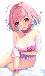 Rule 34 | 1girl, ahoge, blue hair, blush, bracelet, breasts, collar, collarbone, earrings, fang, hair intakes, heart, heart-shaped lock, heart collar, heart on chest, highres, idolmaster, idolmaster cinderella girls, jewelry, juke, large breasts, looking at viewer, multicolored hair, naked shirt, off-shoulder shirt, off shoulder, open mouth, pill earrings, pink collar, pink eyes, pink hair, pink wristband, shirt, short hair, short sleeves, simple background, skeleton print, solo, t-shirt, two-tone hair, white background, yumemi riamu