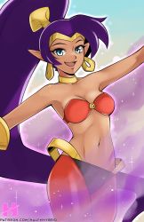 Rule 34 | 1girl, arabian clothes, armpits, bare arms, bare shoulders, blue eyes, bra, breasts, cleavage, dark-skinned female, dark skin, earrings, happy, high ponytail, highres, hoop earrings, hybrid 3d, jewelry, long hair, medium breasts, midriff, navel, neck, neck ring, open mouth, outstretched arms, patreon logo, patreon username, pointy ears, ponytail, purple hair, red bra, revealing clothes, shantae, shantae (series), smile, smoke, spread arms, strapless, strapless bra, tiara, underwear, very long hair